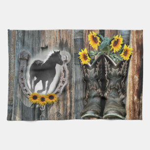 Galloping Horse Cowboy Boots Horseshoe Sunflowers Tea Towel