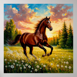 Galloping Horse in a Flowered Field Poster