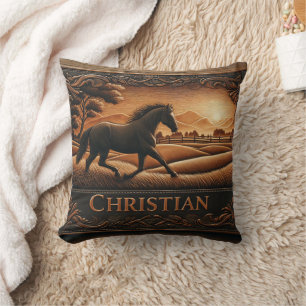 Galloping Horse in Scenic Landscape at Sunset Cushion