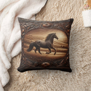 Galloping Horse in Sunset Field Landscape Cushion