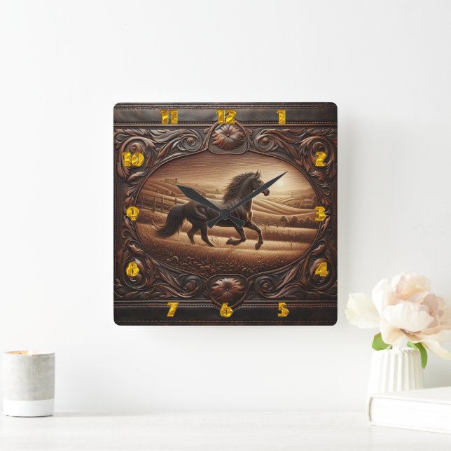Galloping Horse in Sunset Field Landscape Square Wall Clock (Home)