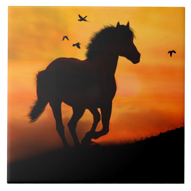 Galloping Horse in the Sunset With Birds Nature Ceramic Tile (Front)