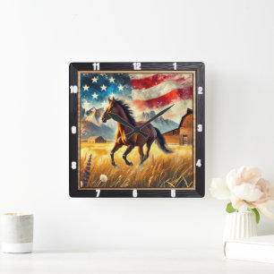 Galloping Horse Patriotic Square Wall Clock