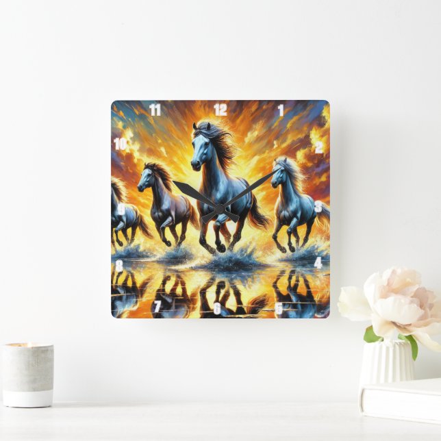 Galloping Horse Surrounded Fire Square Wall Clock (Home)
