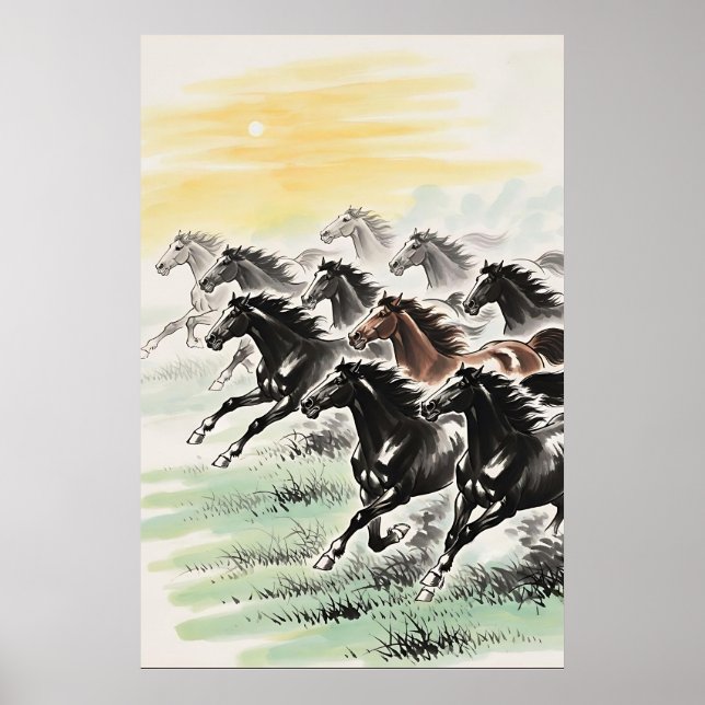 Galloping Horses Feng Shui – Chinese Ink Wash Poster (Front)
