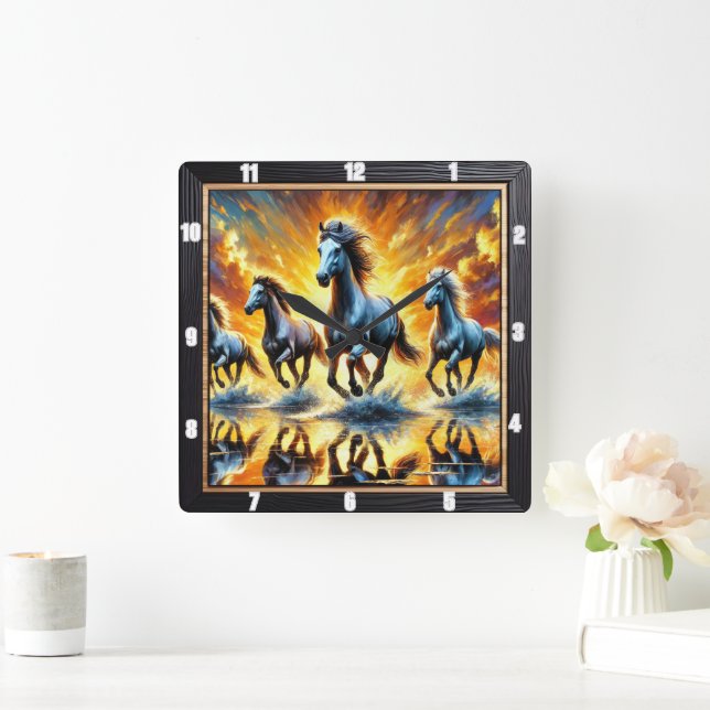 Galloping Horses Fire Square Wall Clock (Home)