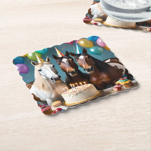 Galloping into Fun: A Horse Birthday Celebration Paper Coaster (Angled)
