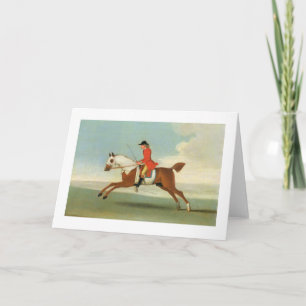 Galloping Racehorse and mounted Jockey in Red (oil Card
