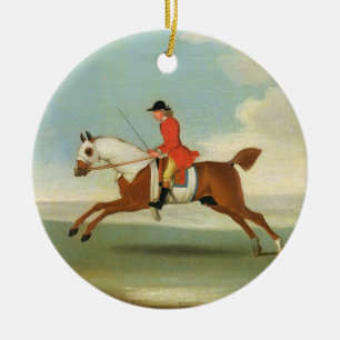 Galloping Racehorse and mounted Jockey in Red (oil Ceramic Ornament