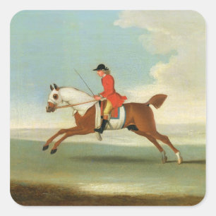Galloping Racehorse and mounted Jockey in Red (oil Square Sticker