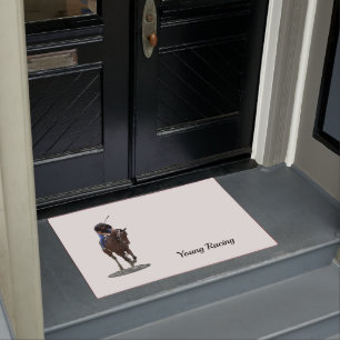 Galloping Thoroughbred Horse And Rider Door Mat