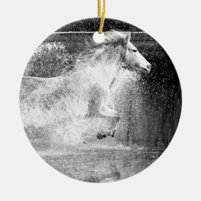 Galloping White Water Horse Ceramic Ornament (Front)
