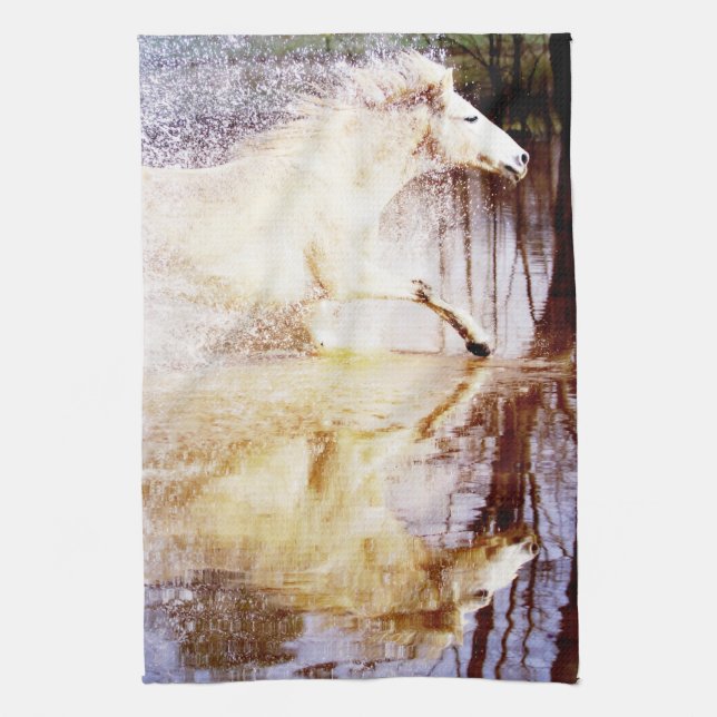 Galloping White Water Horse Tea Towel (Vertical)