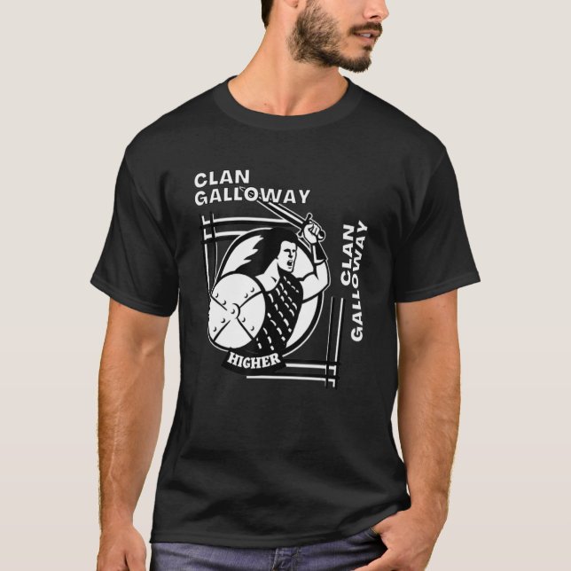 Galloway Clan Gaelic Motto Swordsman T-Shirt (Front)