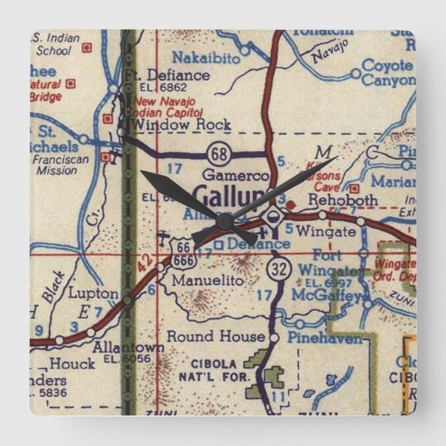 Gallup New Mexico Vintage Map Square Wall Clock (Front)