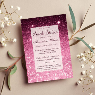  Galm girly pink burgundy glitter bokeh Sweet 16 Invitation