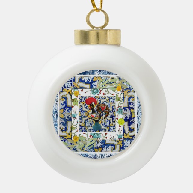 Galo de Barcelos, Portugal Ceramic Ball Christmas Ornament (Front)