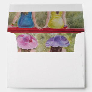 GALS REMINISCING ON A RED PARK BENCH ENVELOPE