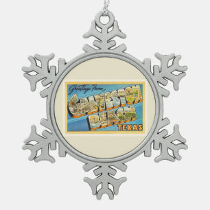 Galveston Beach Texas TX Vintage Travel Souvenir Snowflake Pewter Christmas Ornament