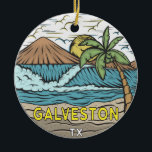 Galveston Beach Texas Vintage Ceramic Ornament<br><div class="desc">Galveston Beach hand drawn illustration with mountains and ocean waves in the background. Perfect for anyone who loves to visit Galveston Beach.</div>