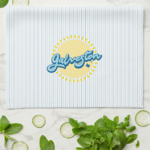 Galveston Island Texas with stripe background Tea Towel