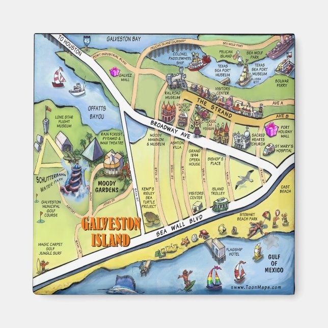Galveston Texas Cartoon Map Magnet (Front)