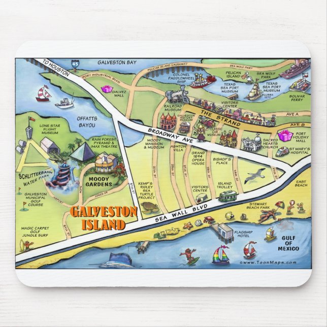 Galveston Texas Cartoon Map Mouse Pad (Front)