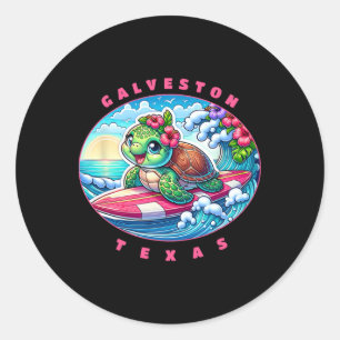 Galveston Texas Girls Cute Surfing Sea Turtle Classic Round Sticker