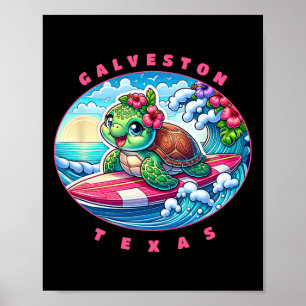 Galveston Texas Girls Cute Surfing Sea Turtle Poster