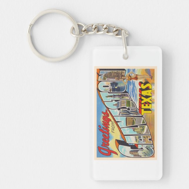 Galveston Texas TX Vintage Large Letter Postcard Key Ring (Front)