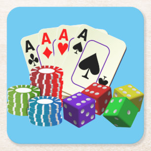 Gambling Casino Dice Poker chips Cards art Square Paper Coaster
