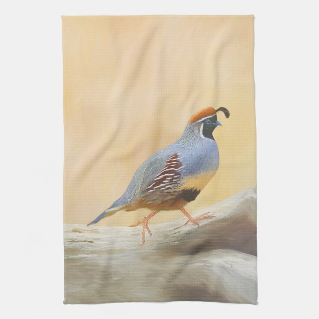 Gambrel's Quail Painting Original Bird Art Tea Towel (Vertical)
