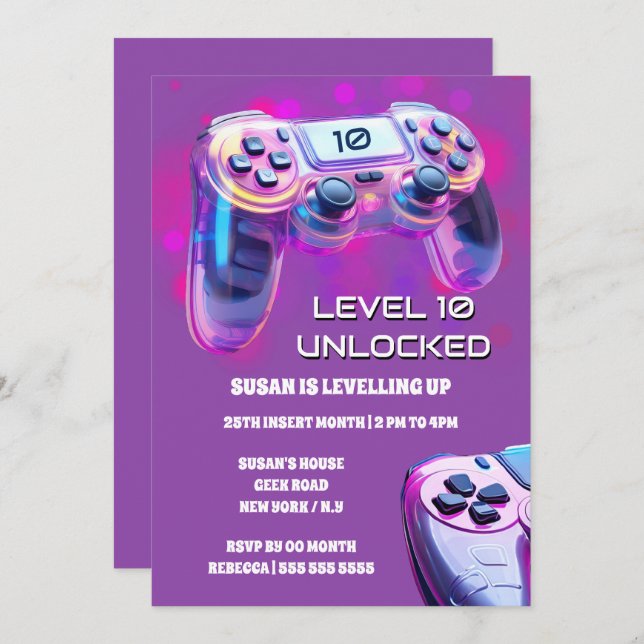 Game controller pink neon girls gamer birthday invitation (Front/Back)