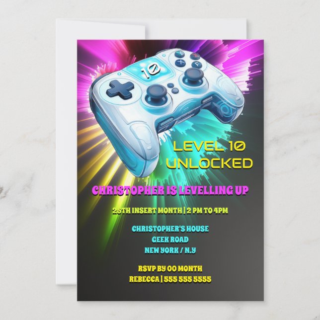 Game controller realistic video games neon kids invitation (Front)