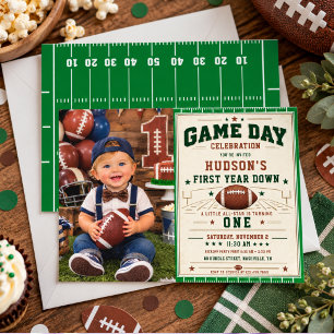 Game Day First Year Down Football 1st Birthday boy Invitation