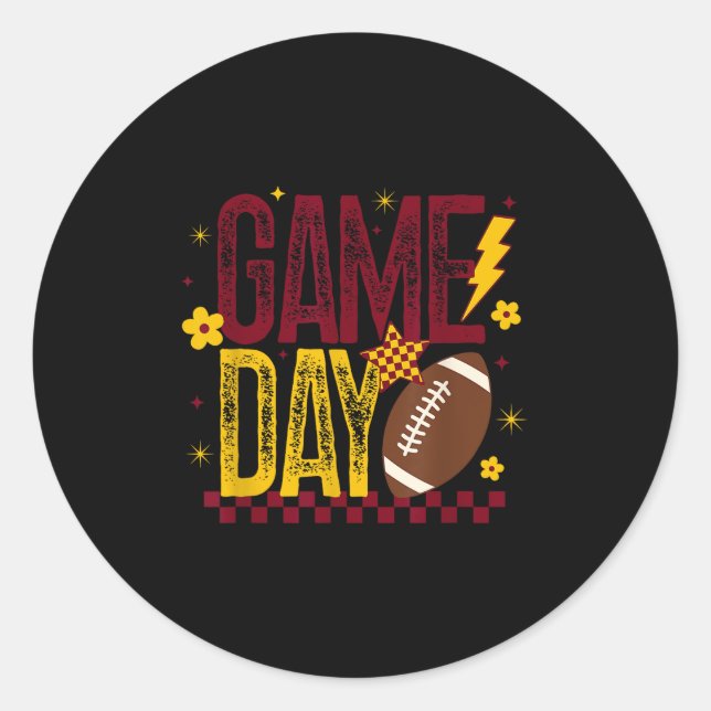 Game Day Football Season Retro Maroon Gold Checked Classic Round Sticker (Front)