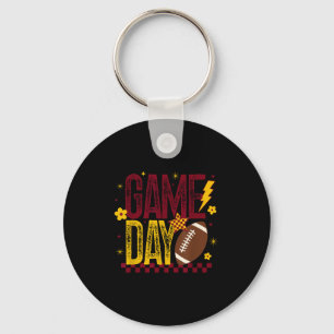 Game Day Football Season Retro Maroon Gold Checked Key Ring