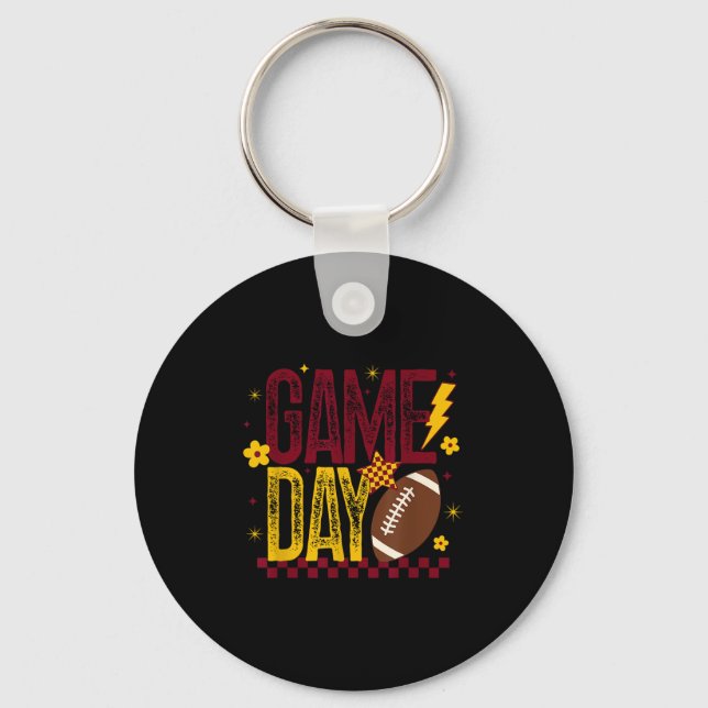 Game Day Football Season Retro Maroon Gold Checked Key Ring (Front)