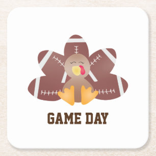 Game Day Football Turkey Feathers Brown Square Paper Coaster