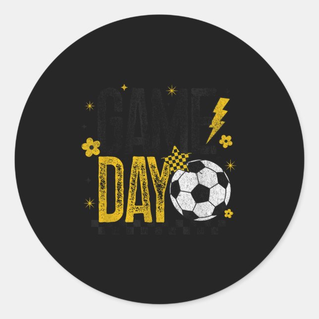 Game Day Retro Soccer Season Black &amp; Yellow Go Classic Round Sticker (Front)
