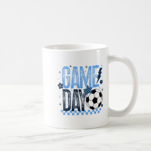 Game Day Soccer Season Retro Light Blue Chequered Coffee Mug