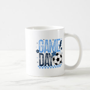 Game Day Soccer Season Retro Light Blue Chequered Coffee Mug