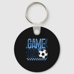 Game Day Soccer Season Retro Light Blue Chequered Key Ring