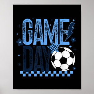 Game Day Soccer Season Retro Light Blue Chequered Poster