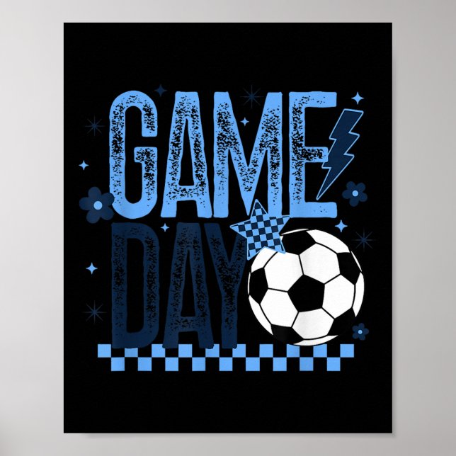 Game Day Soccer Season Retro Light Blue Chequered  Poster (Front)