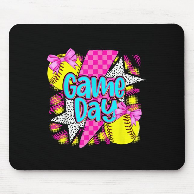 Game Day Softball Lighning Coquette Bow Funny Soft Mouse Pad (Front)