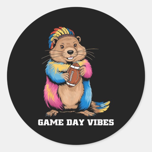 Game Day Vibes Tribal Groundhog Holding Football F Classic Round Sticker (Front)