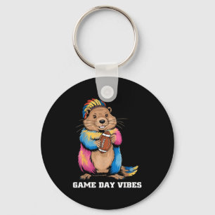 Game Day Vibes Tribal Groundhog Holding Football F Key Ring