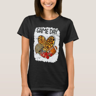 Game Day With Leopard Heart Football  Mom Bleached T-Shirt