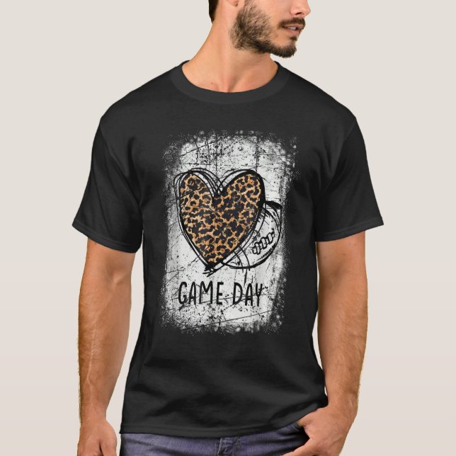 game day with leopard heart football  mom bleached T-Shirt (Front)